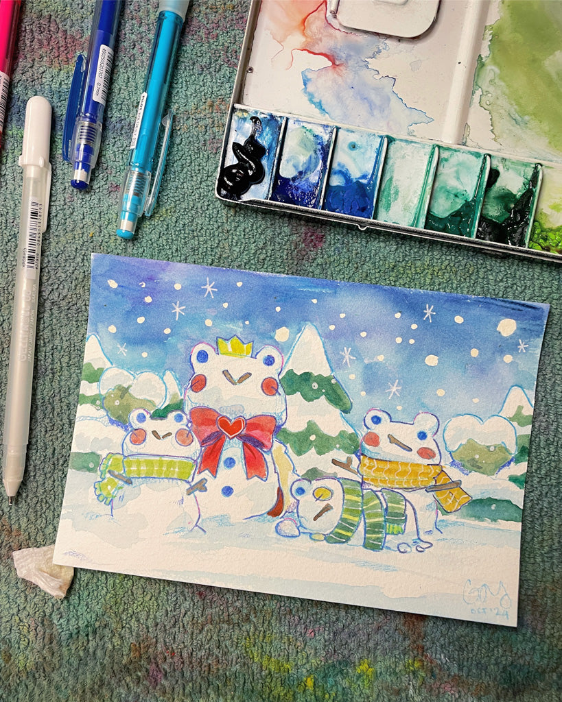 Afternoon Snow Friends - Original Watercolor Painting