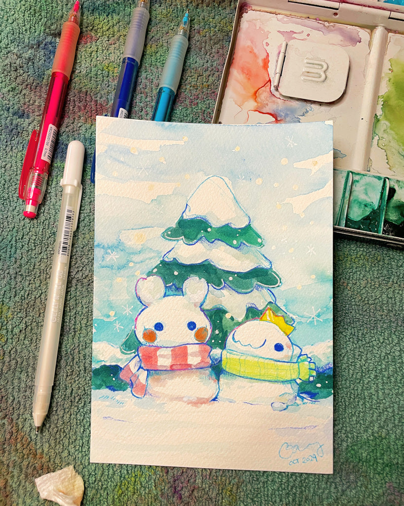 Morning Snow Friends - Original Watercolor Painting